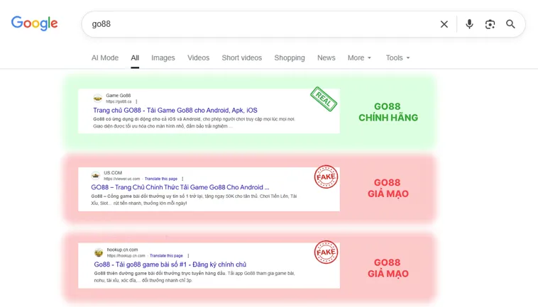 Trang chủ chính thức hiển thị đầy đủ tính năng và link chuẩn, còn trang giả thường thiếu mục chức năng hoặc dẫn đến link lạ